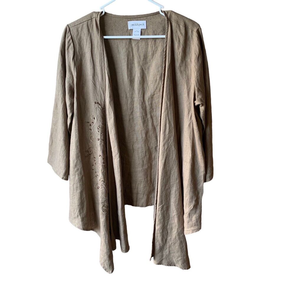 Peck & Peck 100% LINEN Cardigan Size M Beaded Open Front Hi Lo Lagenlook Waterfa
